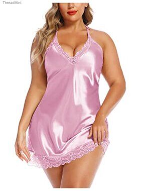 Plus Size Satin Lace Chemise Nightgown Halter Babydoll Full Slip Sleepwear